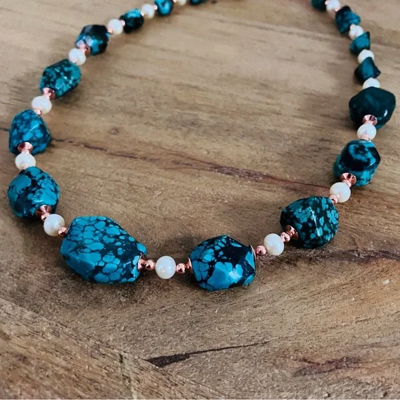 Genuine Turquoise and FreshwaterPearl Necklace with Solid Copper Beads & Clasp - Picture 8 of 12
